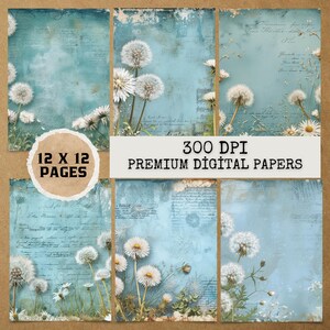 12 JPG Blue Dandelion Digital Papers,Junk Journal Papers,Printable Junk Journal,Vintage Journal Pages,Commercial Use Clipart