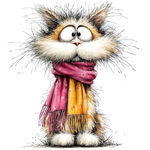 May include: A whimsical illustration of a cat with wide eyes and a fluffy appearance. The cat wears a pink and yellow scarf with fringe. The cat's fur is a mix of brown, white, and orange, with a detailed, textured style.