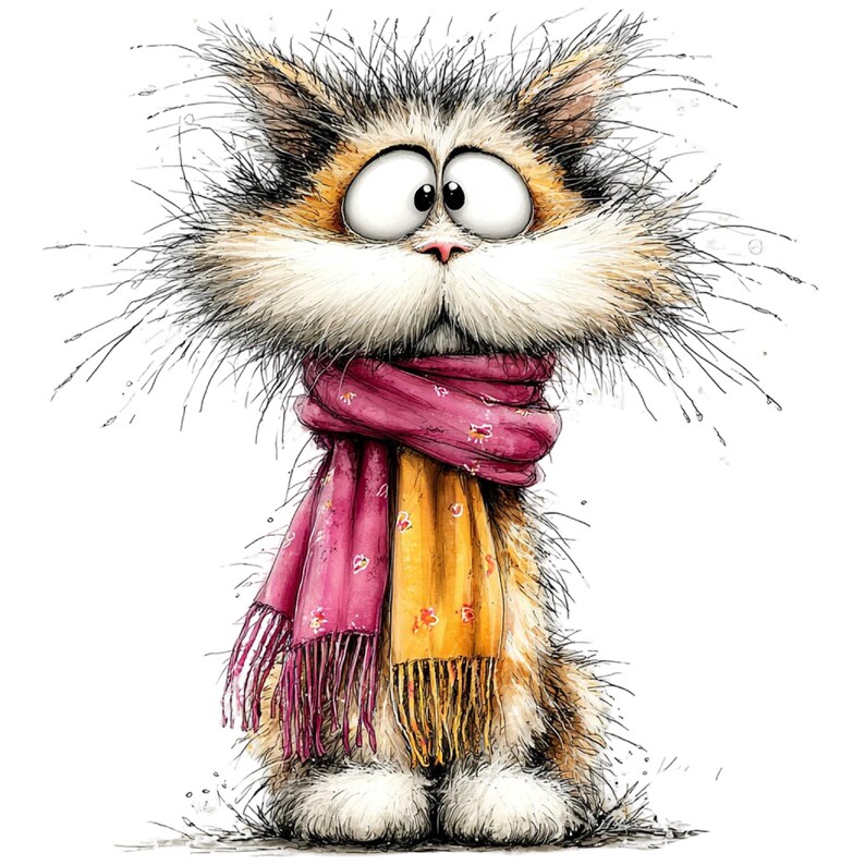 May include: A whimsical illustration of a cat with wide eyes and a fluffy appearance. The cat wears a pink and yellow scarf with fringe. The cat's fur is a mix of brown, white, and orange, with a detailed, textured style.