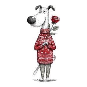 Pu&ograve; includere: Un'illustrazione stravagante di un cane con un maglione rosso con un motivo a fiocchi di neve e cuori, che tiene in mano una rosa rossa. Il cane &egrave; disegnato in bianco e nero con un grande naso e occhi espressivi, su sfondo bianco.