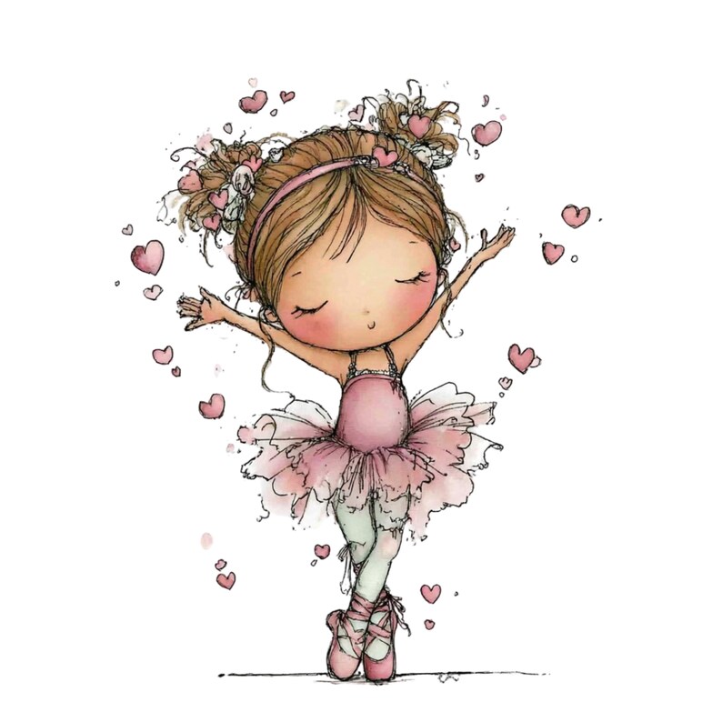 May include: A watercolor illustration of a young ballerina in a pink tutu and ballet shoes. She has brown hair and is surrounded by pink hearts. Her arms are outstretched, and her eyes are closed.