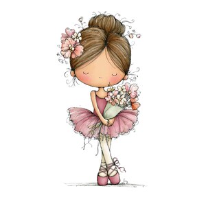 May include: A charming illustration of a young ballerina in a pink tutu and pointe shoes, holding a bouquet of flowers. Her brown hair is styled in a bun, adorned with pink flowers. The artwork has a whimsical, hand-drawn style, perfect for children's decor.