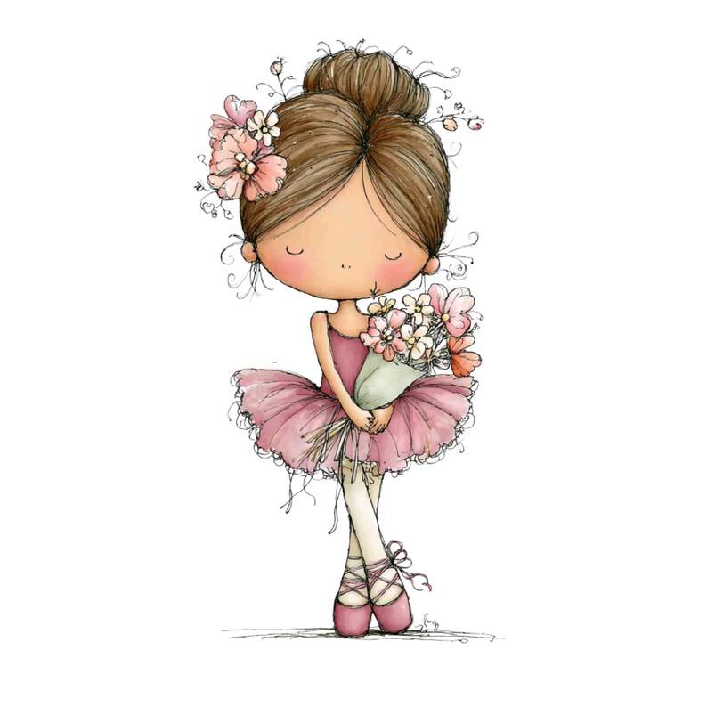 May include: A charming illustration of a young ballerina in a pink tutu and pointe shoes, holding a bouquet of flowers. Her brown hair is styled in a bun, adorned with pink flowers. The artwork has a whimsical, hand-drawn style, perfect for children's decor.