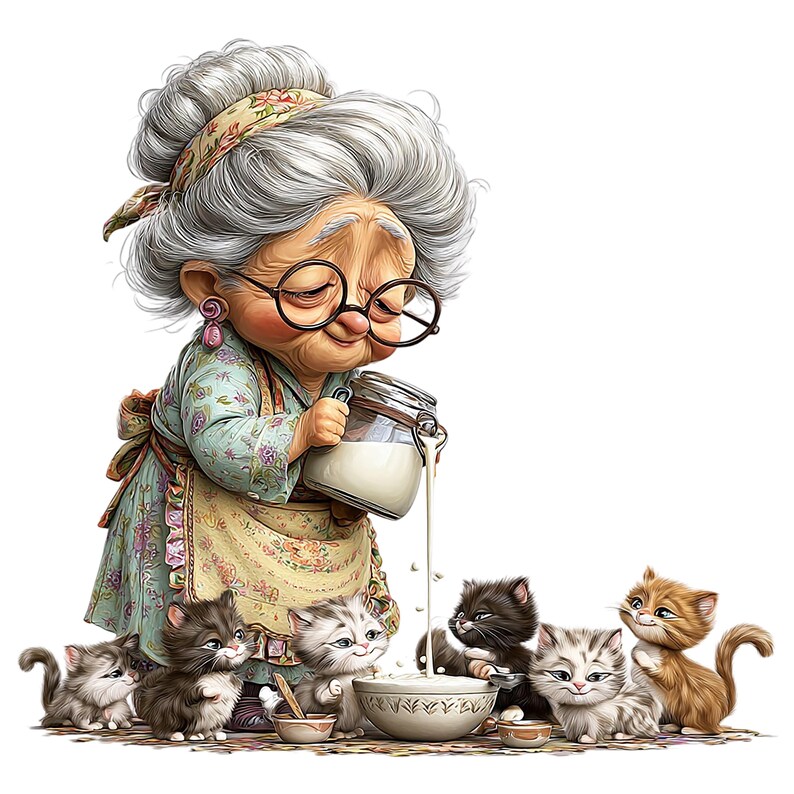 Whimsical Grandma With Kittens Clipart – Watercolor Cozy Character PNG ...