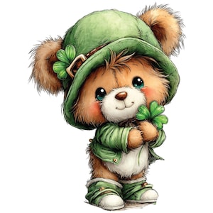 May include: A charming cartoon teddy bear illustration, dressed in a green leprechaun outfit, including a hat, jacket, and pants. The bear holds a green four-leaf clover, with a happy expression. The bear has brown fur, rosy cheeks, and big blue eyes.