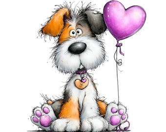 Peut inclure: Un chien de dessin animé avec une fourrure orange, blanche et noire tient un ballon en forme de cœur violet. Le chien porte un collier violet avec une étiquette en forme de cœur. Les pattes du chien et le ruban du ballon sont également violets.