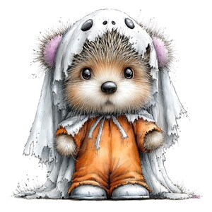 May include: A fluffy brown hedgehog character wearing a bright orange jumpsuit and a tattered white ghost costume draped over its head and shoulders. The ghost hood features two dark eye holes, and the hedgehog has large black eyes and pink ears.