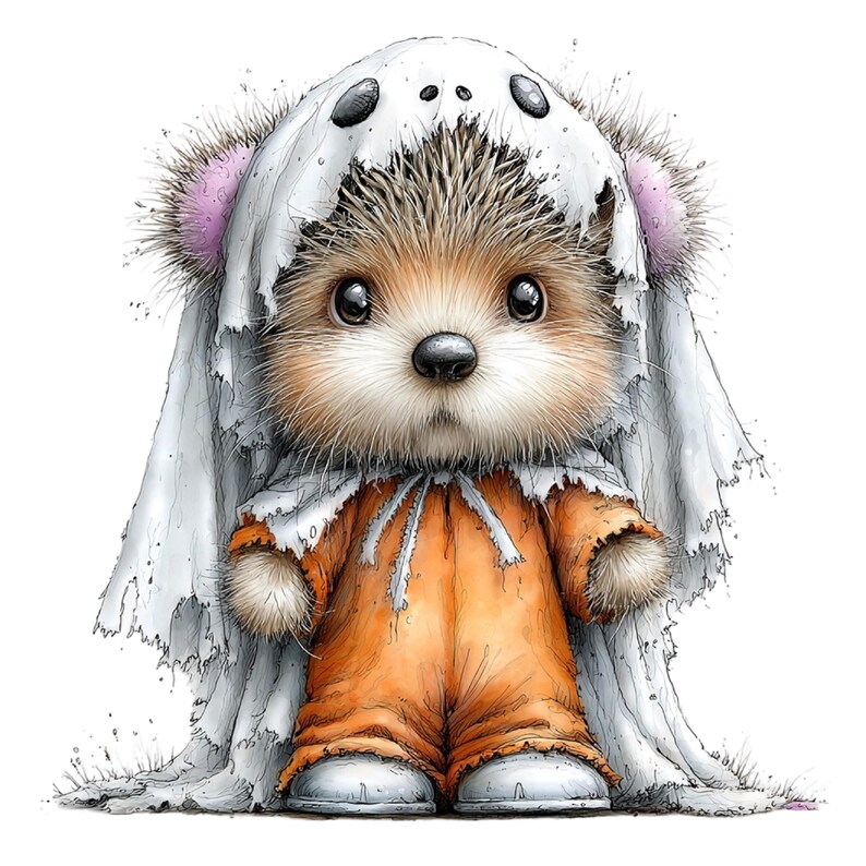 May include: A fluffy brown hedgehog character wearing a bright orange jumpsuit and a tattered white ghost costume draped over its head and shoulders. The ghost hood features two dark eye holes, and the hedgehog has large black eyes and pink ears.