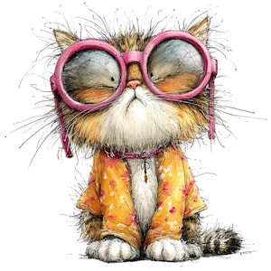 May include: A whimsical illustration of a cat wearing large pink glasses and a yellow floral shirt. The cat has orange and brown fur, a pink collar, and a detailed, expressive face. The artwork is a playful, cartoon-style design.