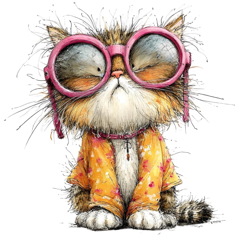 May include: A whimsical illustration of a cat wearing large pink glasses and a yellow floral shirt. The cat has orange and brown fur, a pink collar, and a detailed, expressive face. The artwork is a playful, cartoon-style design.