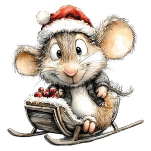 K&ouml;nnte beinhalten: Aquarellillustration einer fr&ouml;hlichen Maus mit Weihnachtsm&uuml;tze und grauer Jacke. Die Maus sitzt in einem Holzschlitten mit Schnee und roten Beeren. Das Bild hat ein festliches Winterthema mit einem fr&ouml;hlichen Gesichtsausdruck.