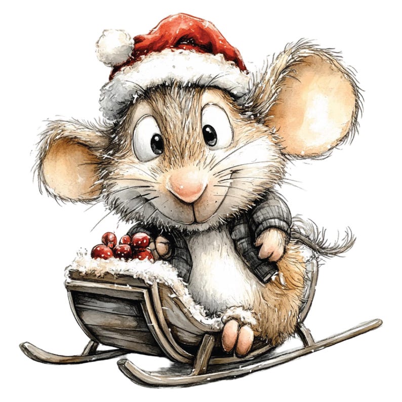 K&ouml;nnte beinhalten: Aquarellillustration einer fr&ouml;hlichen Maus mit Weihnachtsm&uuml;tze und grauer Jacke. Die Maus sitzt in einem Holzschlitten mit Schnee und roten Beeren. Das Bild hat ein festliches Winterthema mit einem fr&ouml;hlichen Gesichtsausdruck.