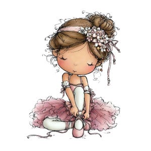 May include: A charming illustration of a young ballerina in a pink tutu, ballet shoes, and a floral hairpiece. The ballerina is seated, tying her ballet shoe ribbons. The artwork features soft colors and delicate details, perfect for nursery decor.
