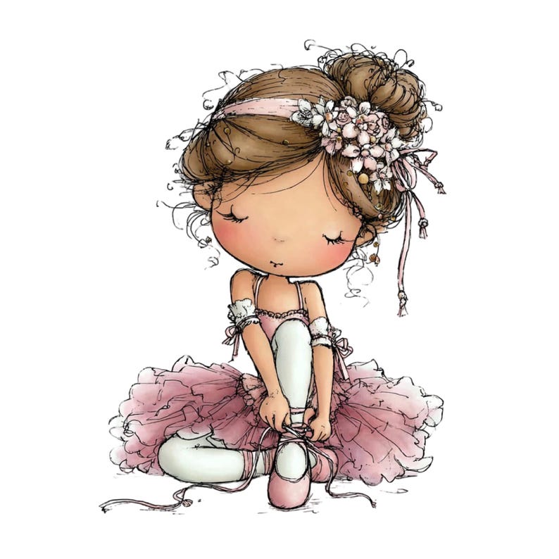 May include: A charming illustration of a young ballerina in a pink tutu, ballet shoes, and a floral hairpiece. The ballerina is seated, tying her ballet shoe ribbons. The artwork features soft colors and delicate details, perfect for nursery decor.