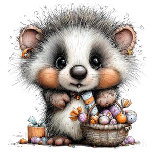 May include: A fluffy, illustrated hedgehog with large dark eyes and rosy cheeks, holding a woven basket filled with colorful, wrapped candies and treats. The hedgehog has a white face, dark fur around the eyes, and spiky grey-brown fur.