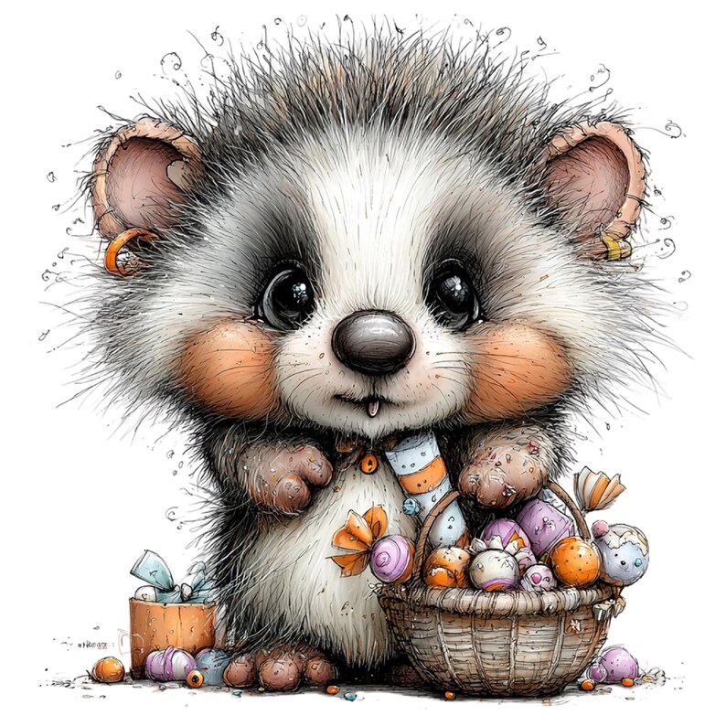 May include: A fluffy, illustrated hedgehog with large dark eyes and rosy cheeks, holding a woven basket filled with colorful, wrapped candies and treats. The hedgehog has a white face, dark fur around the eyes, and spiky grey-brown fur.