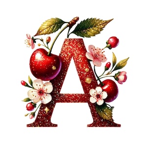Puede incluir: Una letra "A" decorativa con acabado de purpurina roja, adornada con cerezas, flores rosas y hojas doradas. El diseño presenta un fondo blanco, creando un alfabeto floral vibrante y llamativo.