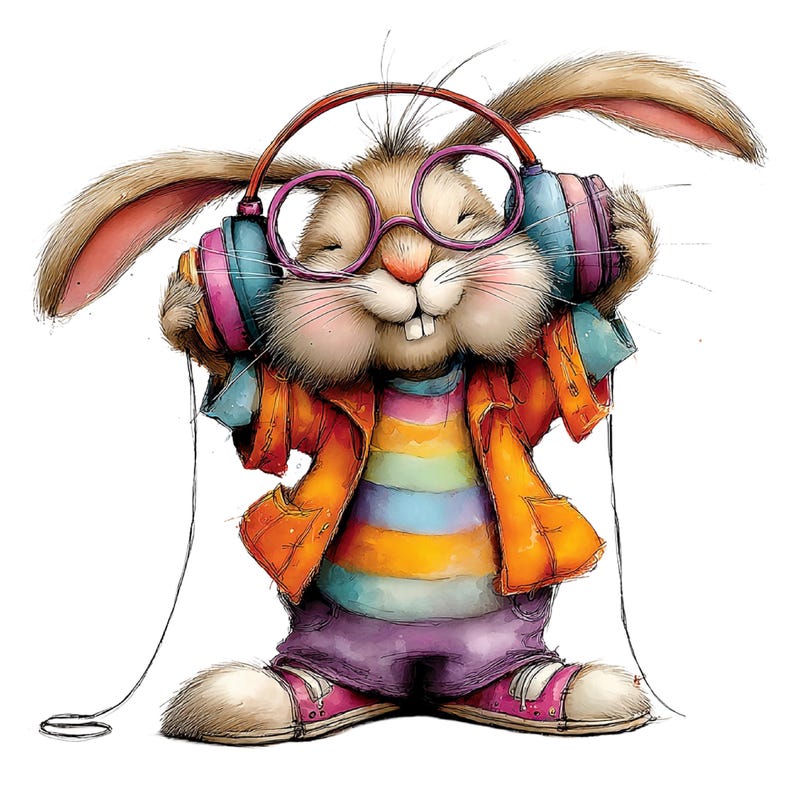 May include: A whimsical illustration of a rabbit wearing headphones and glasses. The rabbit is dressed in a colorful striped shirt, orange jacket, purple pants, and pink sneakers. The headphones are blue, pink, and purple. The rabbit has a joyful expression.