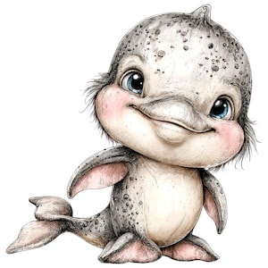 May include: A whimsical illustration of a smiling, cartoon-style dolphin. The dolphin has a gray body with darker spots, large blue eyes, and rosy cheeks. Its tail is curved, and it appears to be floating against a white background.
