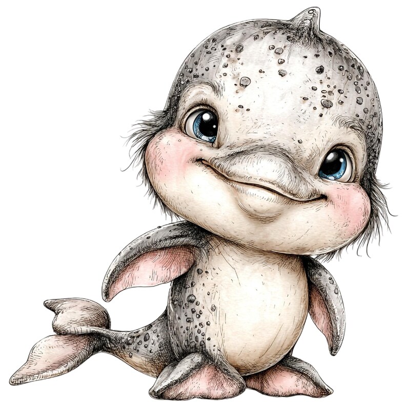 May include: A whimsical illustration of a smiling, cartoon-style dolphin. The dolphin has a gray body with darker spots, large blue eyes, and rosy cheeks. Its tail is curved, and it appears to be floating against a white background.