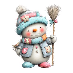 Può includere: Illustrazione di un pupazzo di neve stravagante. Il pupazzo di neve indossa un cappello blu con una stella, una sciarpa abbinata e un cappotto blu con dettagli a cuore e fiori. Ha un naso a carota, guance rosee e tiene una scopa con un fiocco rosa. Il pupazzo di neve indossa stivali rosa e blu.