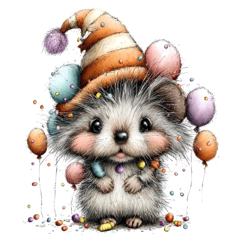 May include: A fluffy gray hedgehog wearing a tall, striped orange and cream party hat with a purple pom-pom. The hedgehog is surrounded by colorful floating balloons in shades of pink, blue, and orange, with small confetti dots scattered around.