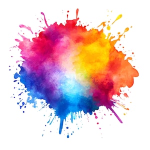 May include: A colourful watercolour splash in a spectrum of hues, including red, orange, yellow, green, blue, and purple. The abstract design features splatters and gradients, creating a dynamic and artistic effect against a white background.