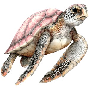 May include: Detailed illustration of a sea turtle with a pink and brown shell. The turtle's skin is a mix of tan, brown, and gray, with a textured pattern on its flippers. The turtle is depicted in a swimming pose, with its flippers extended.
