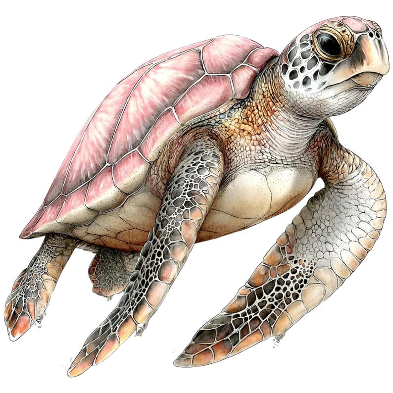 May include: Detailed illustration of a sea turtle with a pink and brown shell. The turtle's skin is a mix of tan, brown, and gray, with a textured pattern on its flippers. The turtle is depicted in a swimming pose, with its flippers extended.