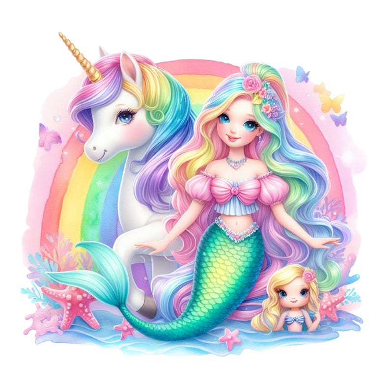 Unicorn Mermaid Clipart Bundle: Watercolor PNG Graphics Commercial Use ...