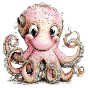 May include: A watercolor illustration of a smiling octopus. The octopus is primarily pink with lighter pink and tan accents on its tentacles. It has large, expressive eyes and bubbles around it.