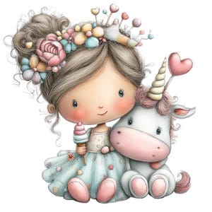 Puede incluir: Una ilustraci&oacute;n caprichosa de una ni&ntilde;a con cabello casta&ntilde;o adornado con flores y una corona, sosteniendo un helado. Est&aacute; abrazando a un unicornio blanco con una cara rosa y un globo en forma de coraz&oacute;n. La ni&ntilde;a lleva un vestido azul claro.