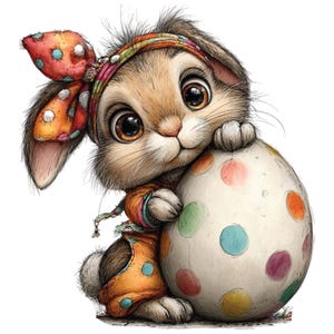 May include: A charming illustration of an Easter bunny with big brown eyes, wearing an orange outfit and a polka-dot bow. The bunny is hugging a large egg decorated with colorful polka dots, creating a festive and adorable scene.
