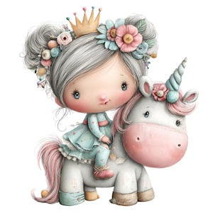 Puede incluir: Ilustraci&oacute;n caprichosa de una ni&ntilde;a montada en un unicornio. La ni&ntilde;a tiene el pelo gris, una corona dorada y un vestido azul. El unicornio es blanco con nariz y melena rosas, y un cuerno azul y rosa. Paleta de colores pastel.