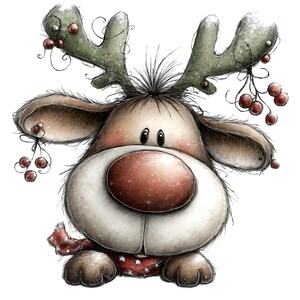 May include: A whimsical illustration of a reindeer with a large red nose, green antlers adorned with red berries, and a red scarf with white stars. The reindeer has big, expressive eyes and fluffy brown fur, perfect for holiday decor.