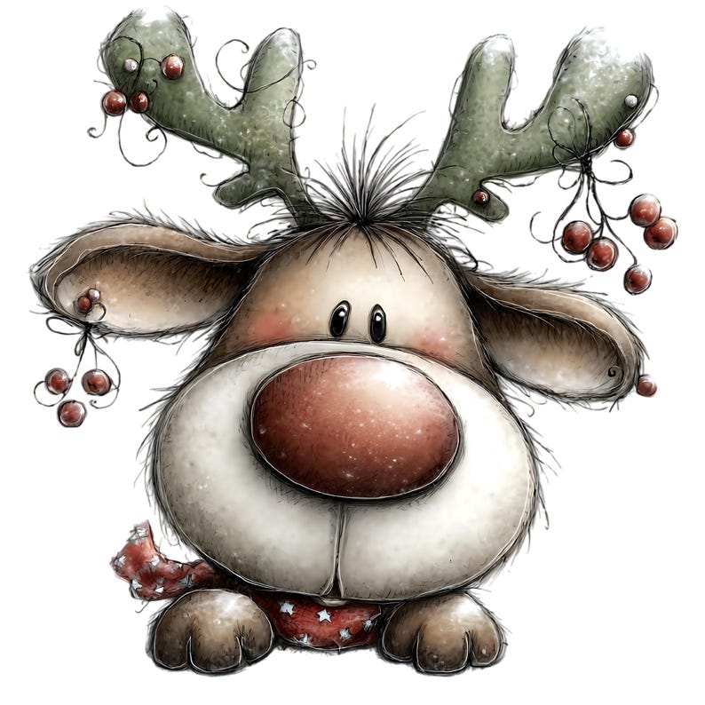 May include: A whimsical illustration of a reindeer with a large red nose, green antlers adorned with red berries, and a red scarf with white stars. The reindeer has big, expressive eyes and fluffy brown fur, perfect for holiday decor.