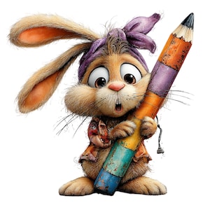 May include: A cartoon illustration of a brown bunny wearing a purple bandana and holding a large, colorful pencil. The bunny has big eyes and a surprised expression, with a small, patterned shirt.