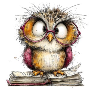 May include: A whimsical illustration of an owl wearing pink glasses, perched atop an open book. The owl has large eyes and detailed feather textures in shades of brown, yellow, and pink. The book's pages are aged, and the binding is red.