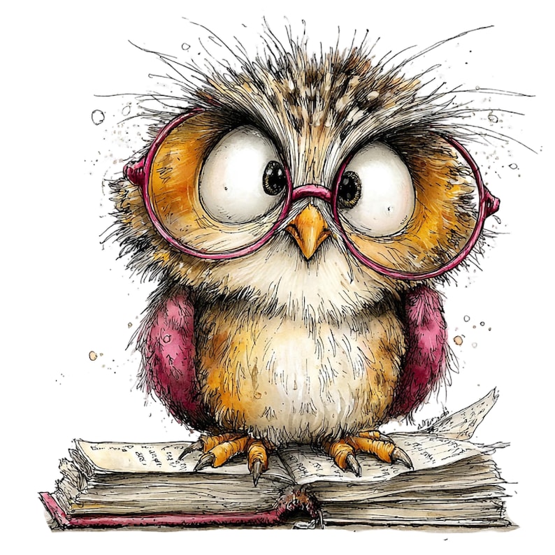 May include: A whimsical illustration of an owl wearing pink glasses, perched atop an open book. The owl has large eyes and detailed feather textures in shades of brown, yellow, and pink. The book's pages are aged, and the binding is red.