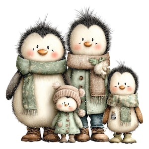 May include: An illustration of a penguin family, each member dressed for winter. The penguins wear scarves, coats, and hats in shades of green, tan, and brown. The image has a soft, whimsical style, with a snowy effect.