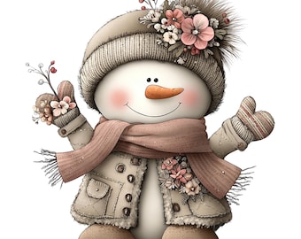 Grillige patchwork sneeuwpop clipart – aquarel kerst winter png-set (digitale download) 35 png