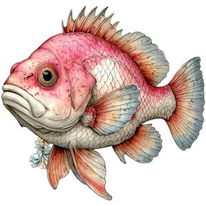 May include: A watercolor illustration of a pink fish with detailed scales and fins. The fish has a large, expressive eye and is adorned with small blue flowers. The artwork has a whimsical, artistic style.