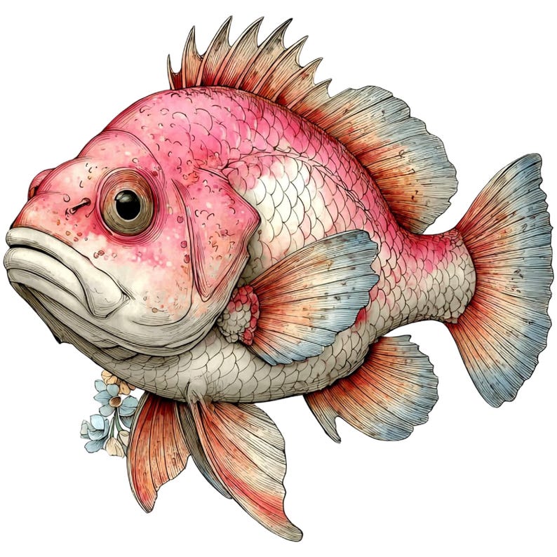 May include: A watercolor illustration of a pink fish with detailed scales and fins. The fish has a large, expressive eye and is adorned with small blue flowers. The artwork has a whimsical, artistic style.