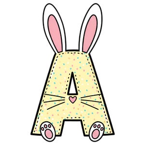 Pode incluir: Uma letra "A" caprichosa com tema de coelho. A letra é amarela com bolinhas coloridas, contornos pretos e orelhas de coelho. Apresenta um coração, bigodes e patas de coelho, perfeita para a Páscoa ou decoração de primavera.