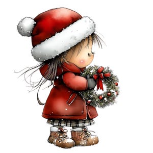 May include: A watercolor illustration of a young child wearing a red winter coat, hat, and boots, holding a Christmas wreath with a red bow. The child has rosy cheeks and is looking down. The hat has a white trim.