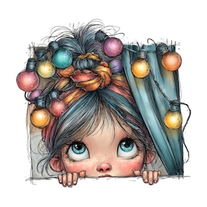 K&ouml;nnte beinhalten: Illustration eines M&auml;dchens mit blauen Haaren und gro&szlig;en blauen Augen, das &uuml;ber eine wei&szlig;e Oberfl&auml;che blickt. Ihr Haar ist mit bunten Lichtern geschm&uuml;ckt. Das Kunstwerk hat einen skurrilen, cartoonartigen Stil, wobei der Fokus auf dem ausdrucksstarken Gesicht des M&auml;dchens und den dekorativen Lichtern liegt.