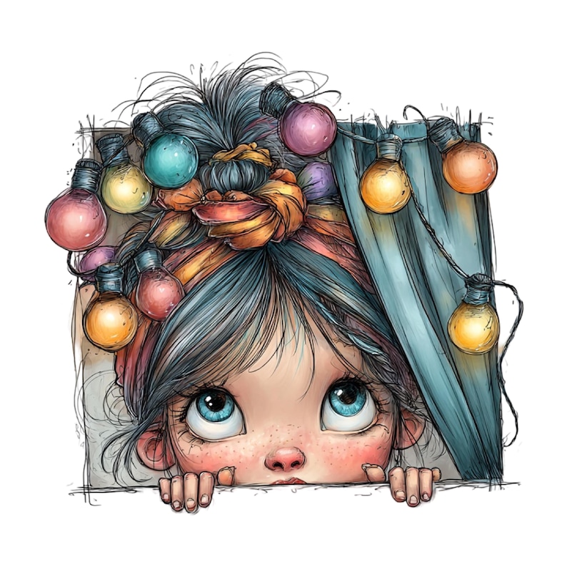 K&ouml;nnte beinhalten: Illustration eines M&auml;dchens mit blauen Haaren und gro&szlig;en blauen Augen, das &uuml;ber eine wei&szlig;e Oberfl&auml;che blickt. Ihr Haar ist mit bunten Lichtern geschm&uuml;ckt. Das Kunstwerk hat einen skurrilen, cartoonartigen Stil, wobei der Fokus auf dem ausdrucksstarken Gesicht des M&auml;dchens und den dekorativen Lichtern liegt.
