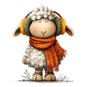 Op de afbeelding: Een grillige illustratie van een schaap met een gezellige oranje sjaal en oorbeschermers. Het schaap heeft een pluizige witte vacht, roze wangen en staat op een grasveldje. De oorbeschermers zijn groen en geel.