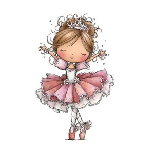 May include: A watercolor illustration of a ballerina in a pink and white tutu, wearing a crown and ballet shoes. The ballerina has her arms outstretched and is smiling with her eyes closed. The image has a whimsical and delicate feel.