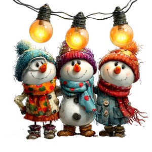 May include: Three snowmen standing side-by-side, each wearing a colorful knit hat and scarf. The snowmen have orange carrot noses and are positioned beneath a string of three glowing, warm-toned round light bulbs against a white background.